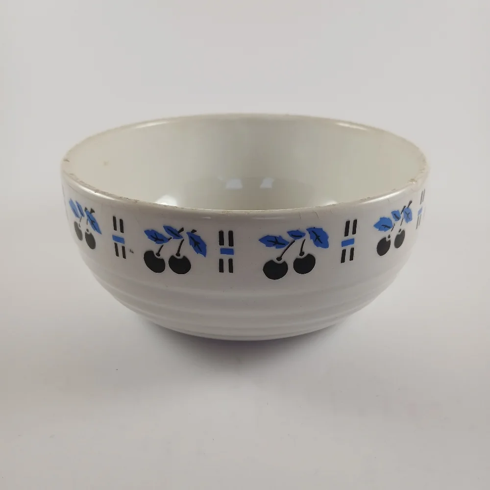 Czechoslovakia Art Deco Ceramic Bowl White With Blue Cherries 5 7/8
